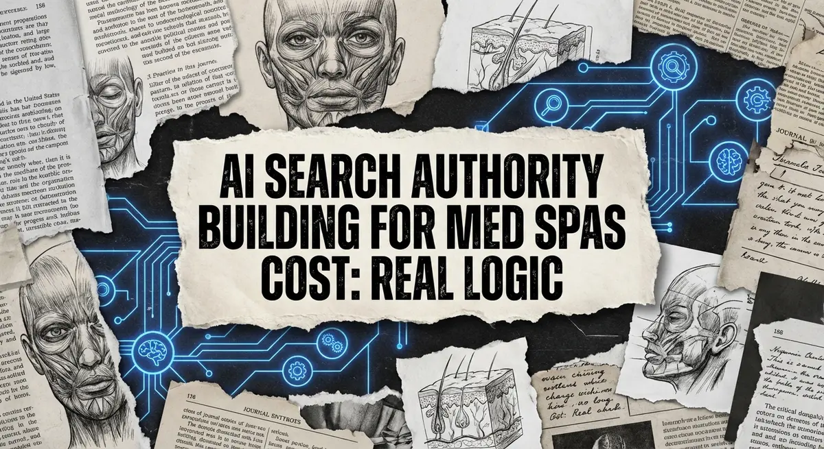 AI search authority building for med spas cost conceptual collage with torn paper and digital accents
