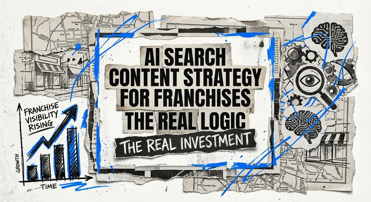 AI search content strategy for franchises cost torn paper collage with electric blue accents