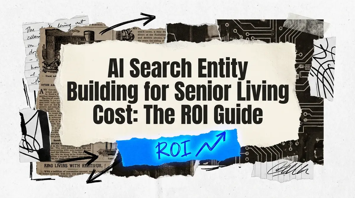 AI search entity building for senior living cost ROI guide torn paper collage
