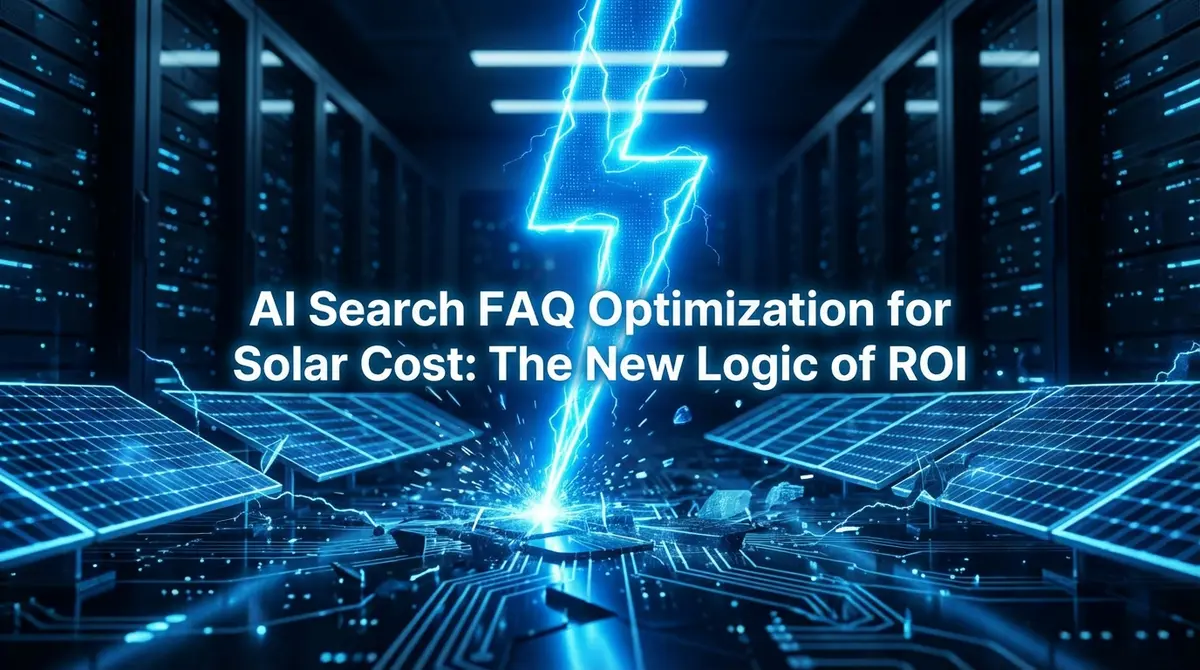 AI search faq optimization for solar cost illustrated as digital lightning striking solar panels