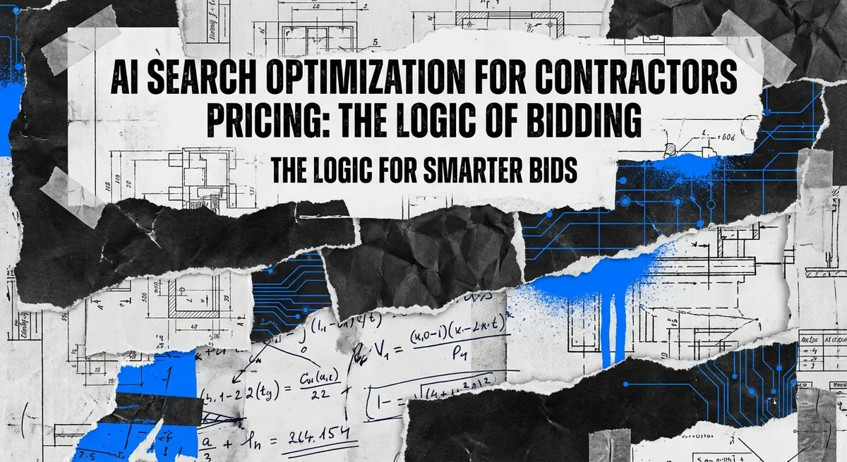 AI search optimization for contractors pricing featured image collage with blueprints and data logic