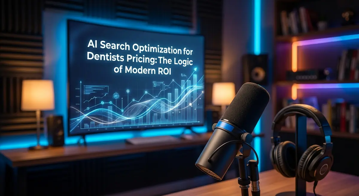 AI search optimization for dentists pricing featured in a modern podcast studio setting