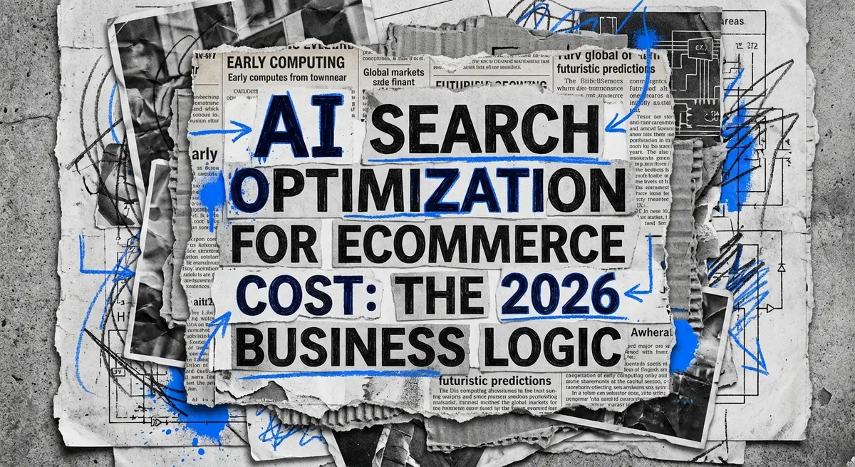 AI search optimization for ecommerce cost analysis torn paper collage style