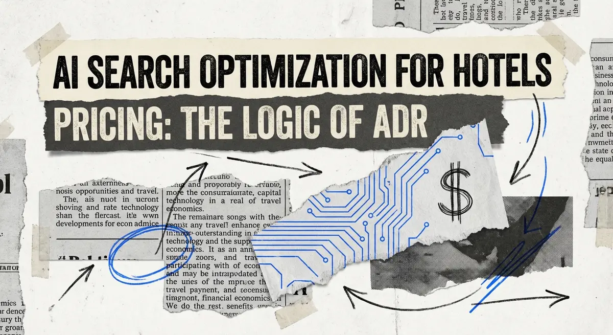 AI search optimization for hotels pricing concept art with torn paper and electric blue accents