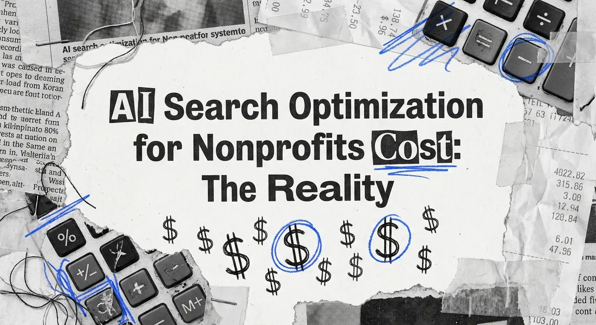 Torn paper collage illustrating ai search optimization for nonprofits cost breakdown with vintage receipts and electric blue accents