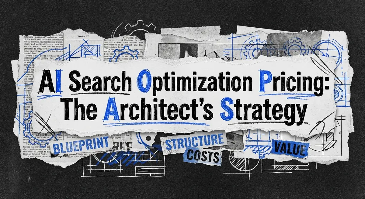 AI Search Optimization Pricing Guide Collage with torn paper aesthetic
