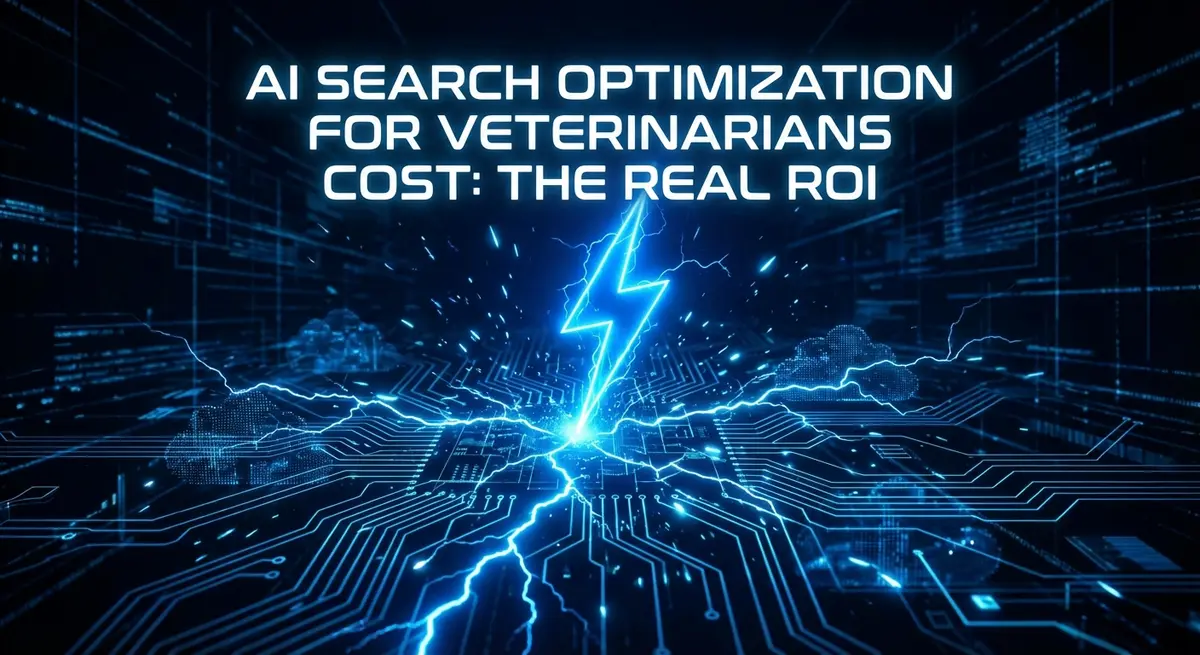AI search optimization for veterinarians cost visualized as a digital lightning bolt striking a growth chart