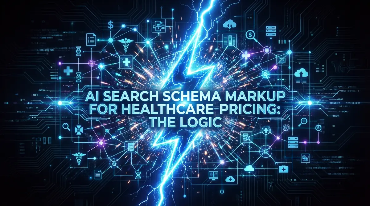 AI search schema markup for healthcare pricing visualization with electric blue digital lightning
