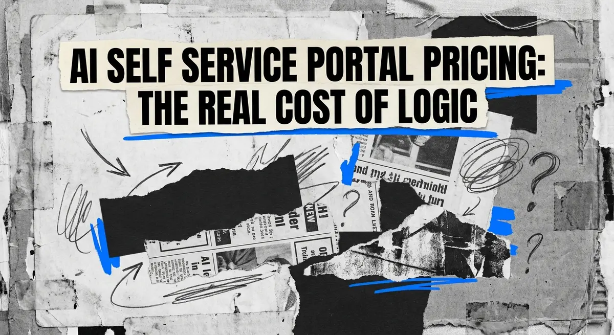 AI self service portal pricing abstract collage with torn paper and electric blue accents