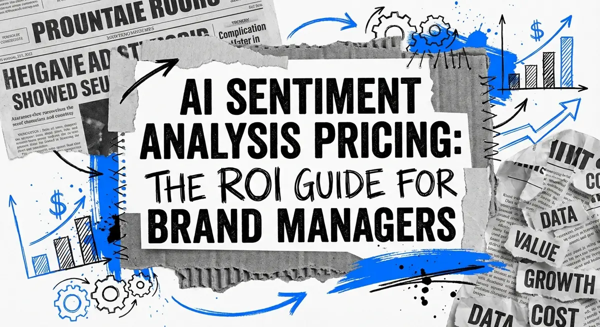 AI sentiment analysis pricing guide collage with torn paper and electric blue accents