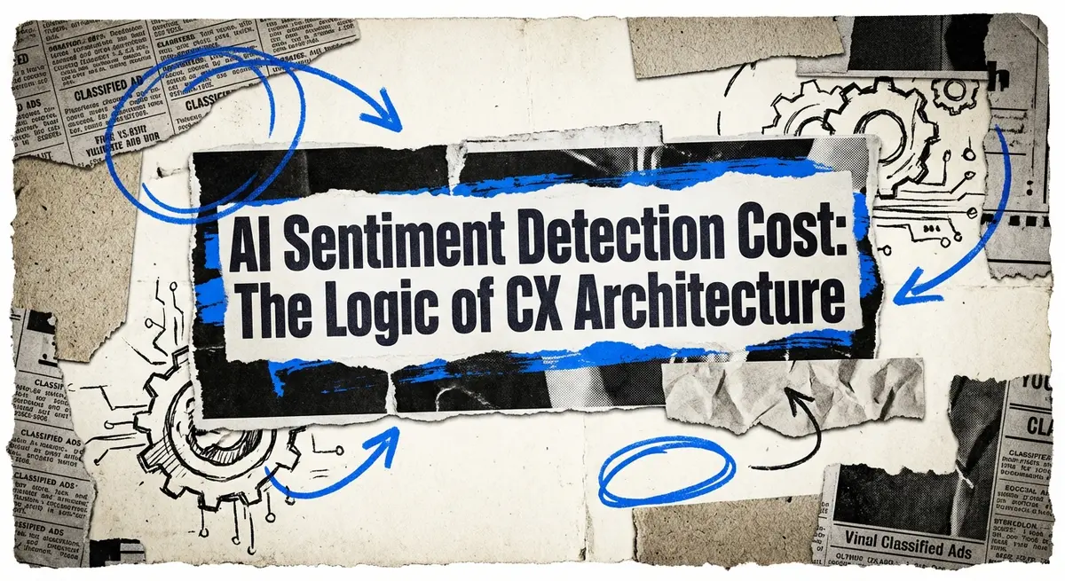 AI sentiment detection cost and CX architecture collage with torn paper style