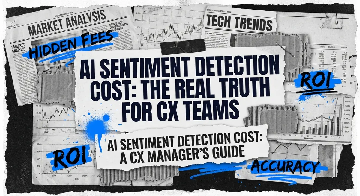 AI sentiment detection cost guide featuring torn paper collage art with blue accents