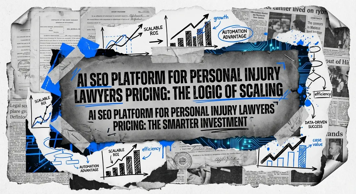 AI SEO Platform for Personal Injury Lawyers Pricing collage with torn paper and electric blue accents