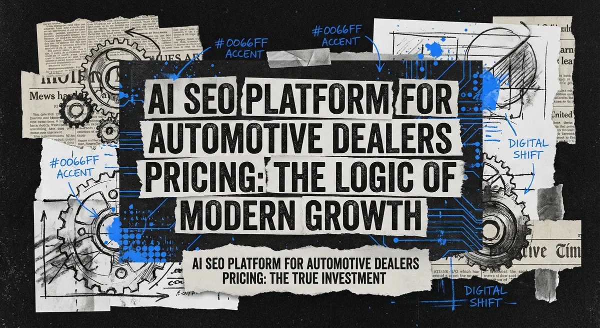 AI SEO platform for automotive dealers pricing collage with torn paper and electric blue accents