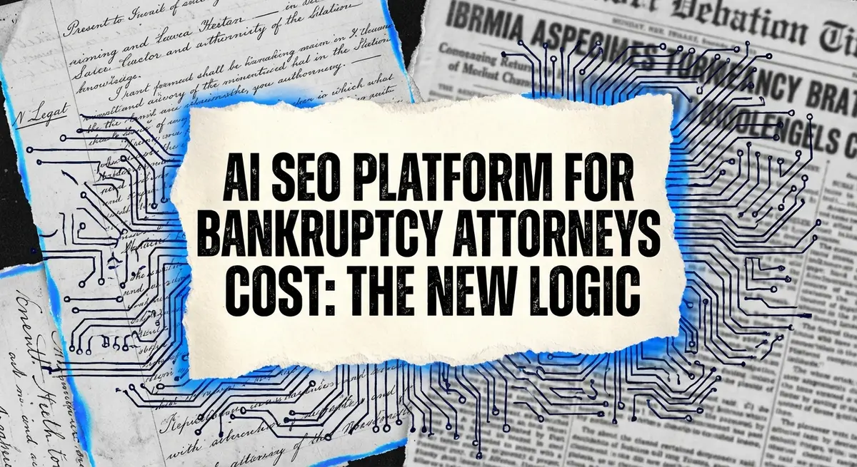 AI SEO platform for bankruptcy attorneys cost collage with torn paper and electric blue accents