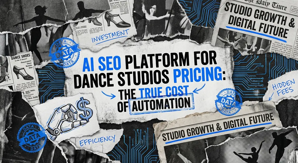 AI SEO Platform for Dance Studios Pricing collage with torn paper and electric blue accents