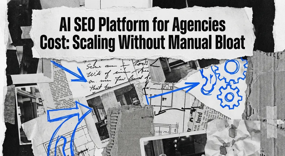 AI SEO Platform for Agencies Cost collage with torn paper and electric blue accents