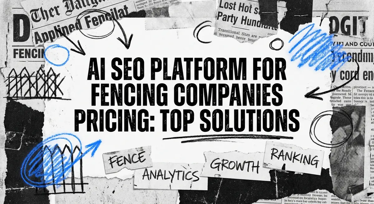 AI SEO Platform for Fencing Companies Pricing collage with torn paper and blue accents