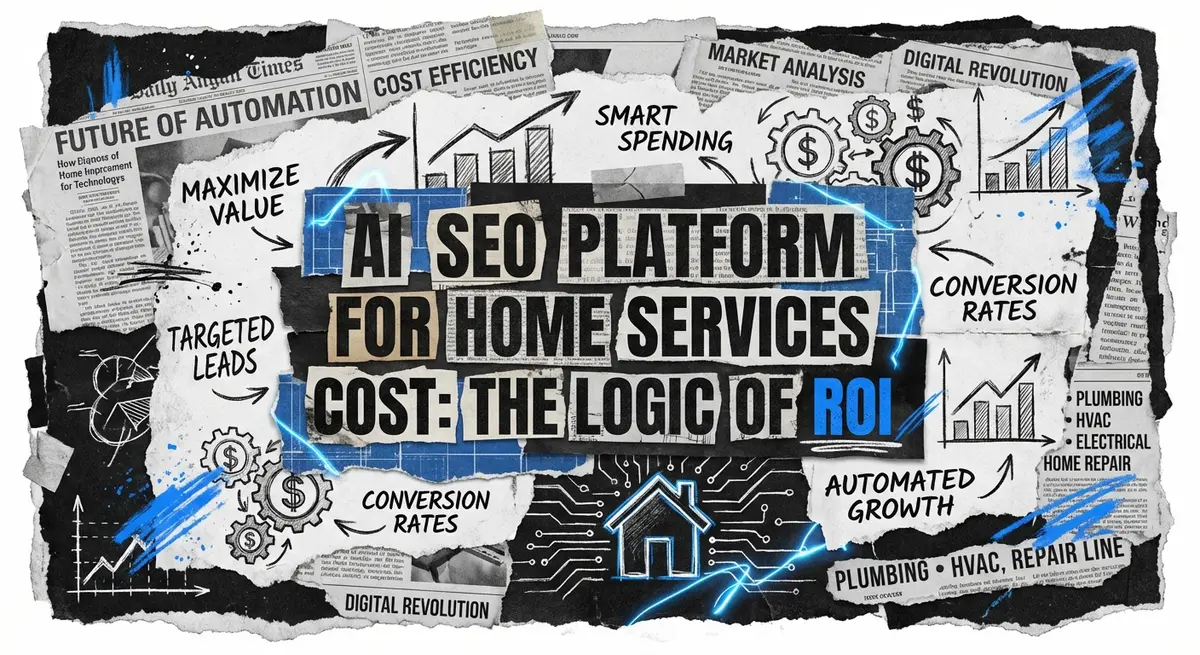 AI SEO platform for home services cost visualization using torn paper collage style with blue accents