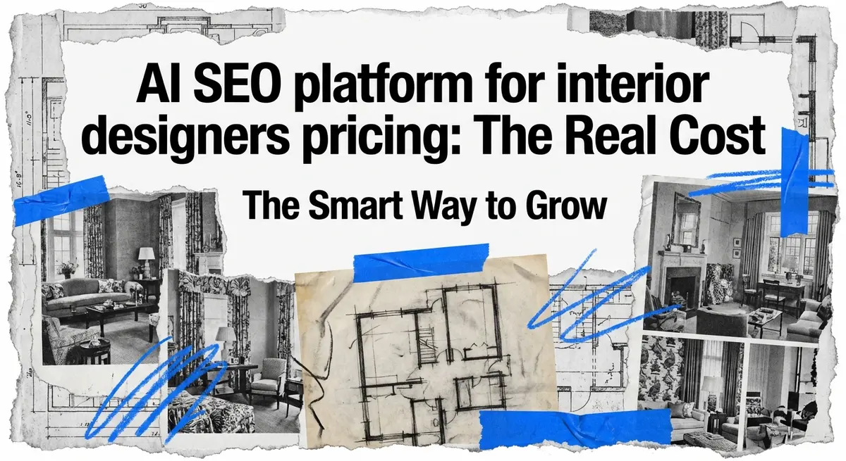 AI SEO Platform for Interior Designers Pricing collage with architectural elements and pricing data