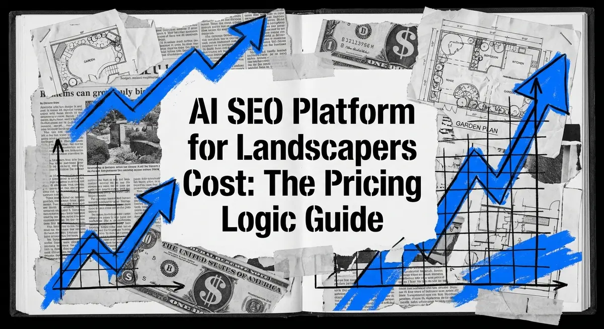 AI SEO Platform for Landscapers Cost pricing guide collage with torn paper and blue accents