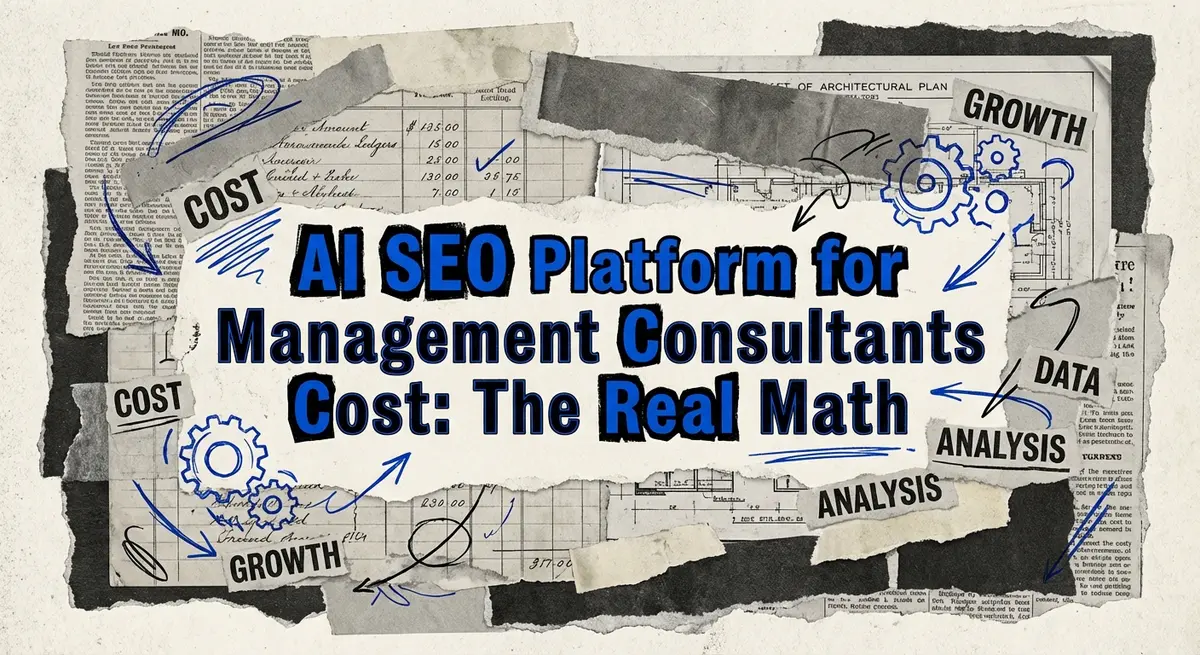 AI SEO Platform for Management Consultants Cost torn paper collage with electric blue accents