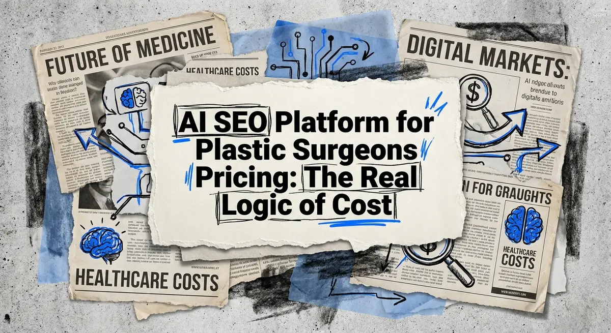 AI SEO Platform for Plastic Surgeons Pricing collage with torn paper and blue accents