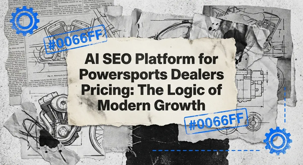 AI SEO platform for powersports dealers pricing featured image with torn paper style and blue accents