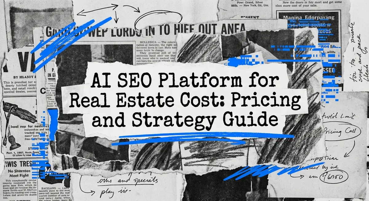 AI SEO platform for real estate cost breakdown on torn paper style background with electric blue accents