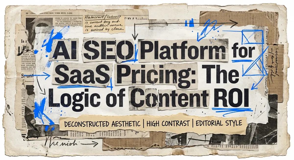 Torn paper collage art featuring the title AI SEO Platform for SaaS Pricing with electric blue accents