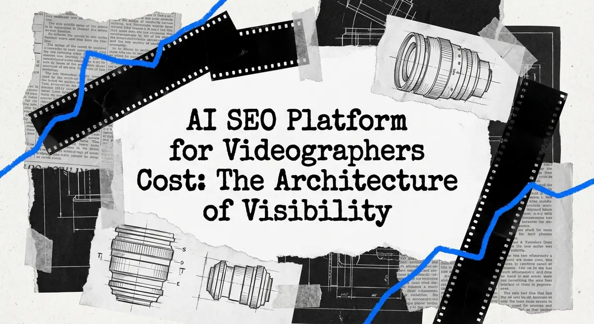 AI SEO platform for videographers cost analysis torn paper collage style