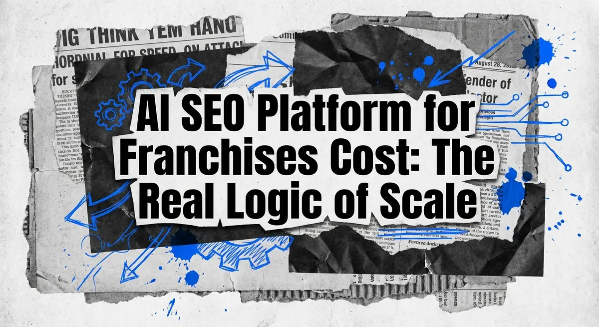 AI SEO Platform for Franchises Cost art showing torn paper collage with digital elements and electric blue accents