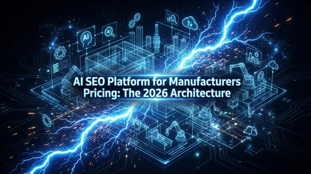 Abstract digital landscape with electric blue lightning illustrating ai seo platform for manufacturers pricing architecture