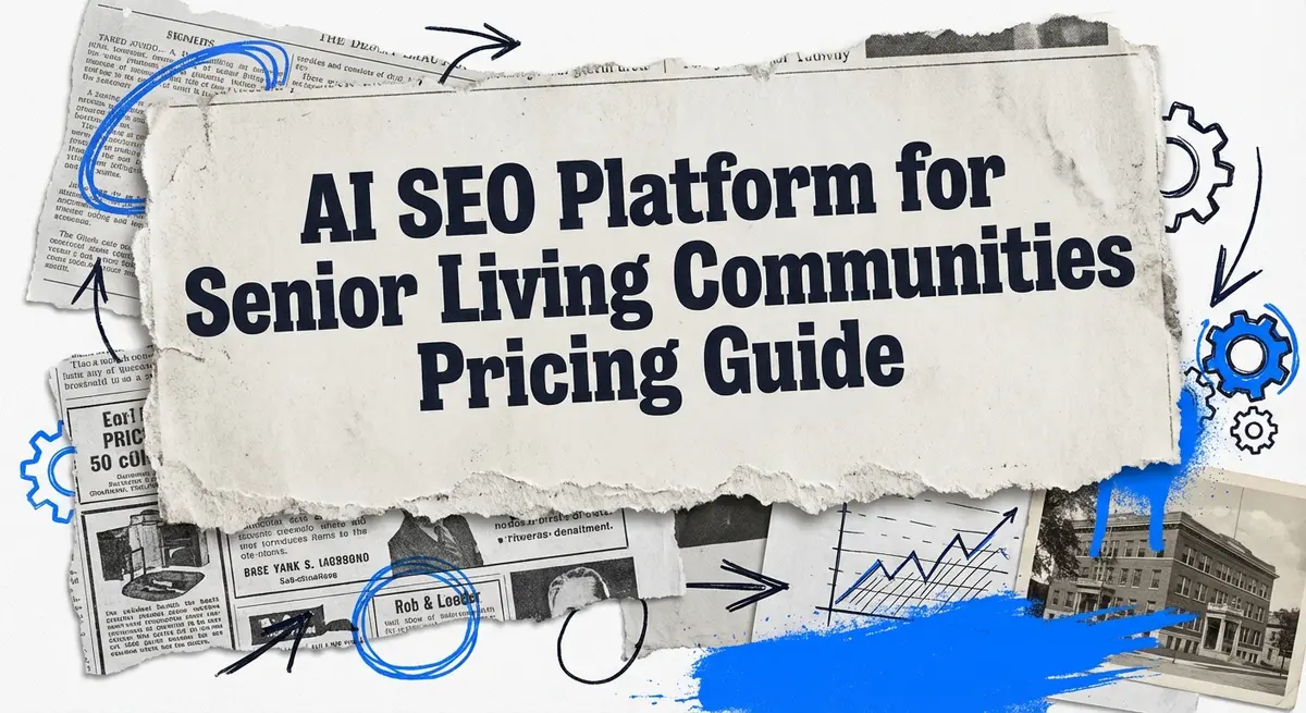 AI SEO Platform for Senior Living Communities Pricing Guide collage with electric blue accents