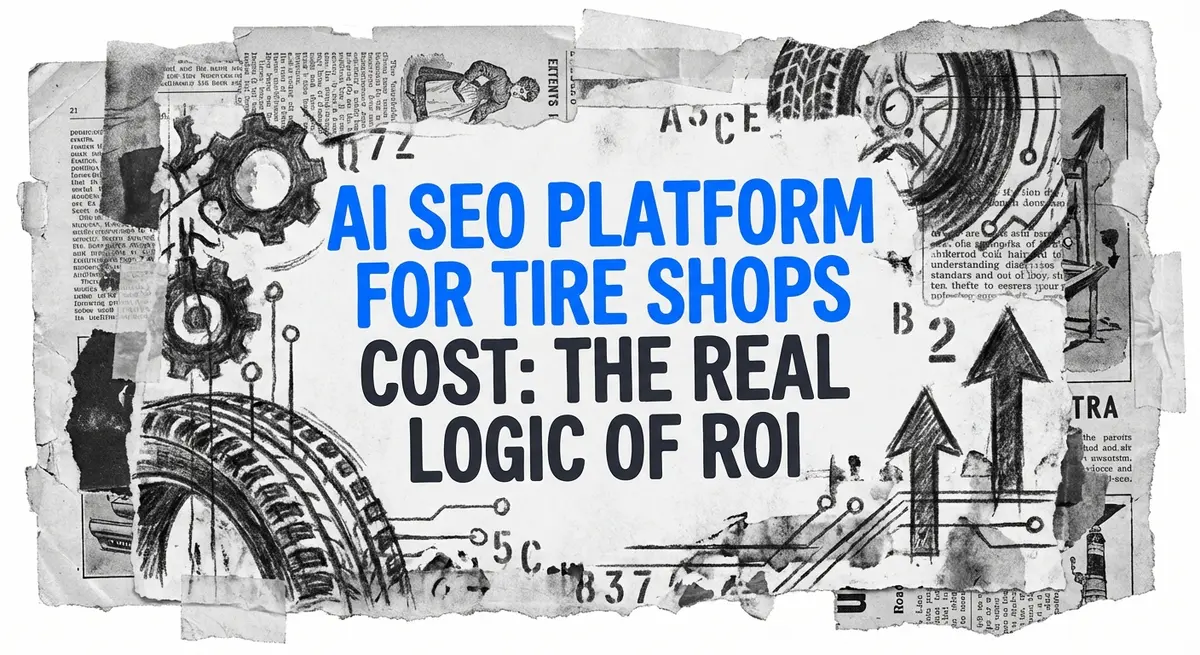 AI SEO Platform for Tire Shops Cost collage art with torn paper and electric blue accents