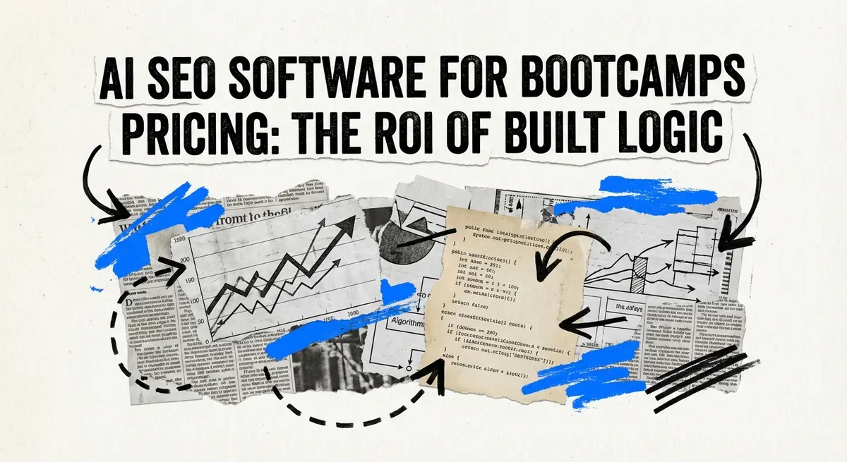 Torn paper collage featuring ai seo software for bootcamps pricing title with electric blue accents
