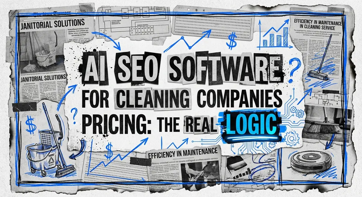 AI SEO software for cleaning companies pricing guide featured image with torn paper style and blue accents