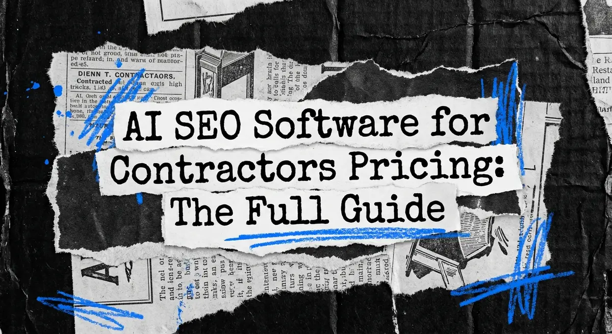 AI SEO software for contractors pricing guide collage with torn paper and electric blue accents