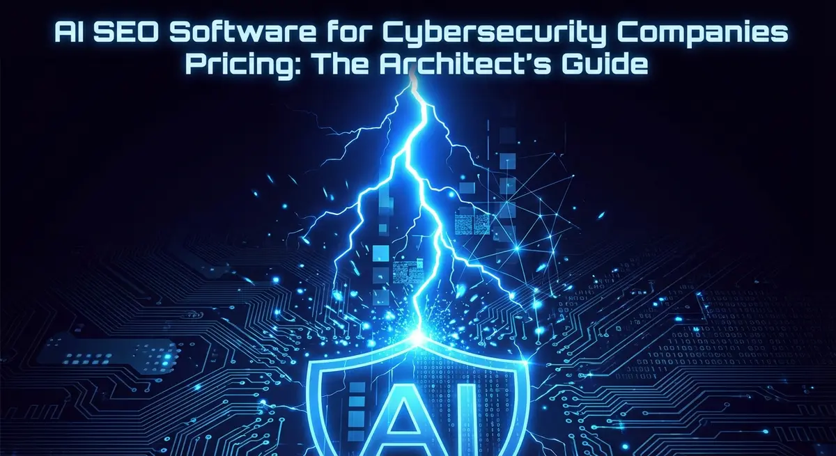 AI SEO Software for Cybersecurity Companies Pricing concept art with electric blue lightning and digital shield