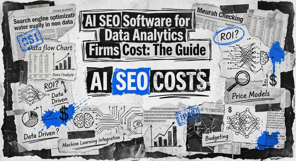 Torn paper collage featuring AI SEO software for data analytics firms cost in bold typography with electric blue accents