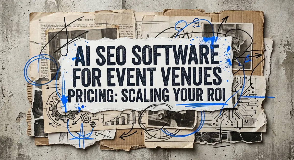 AI SEO software for event venues pricing collage with torn paper effect and electric blue accents