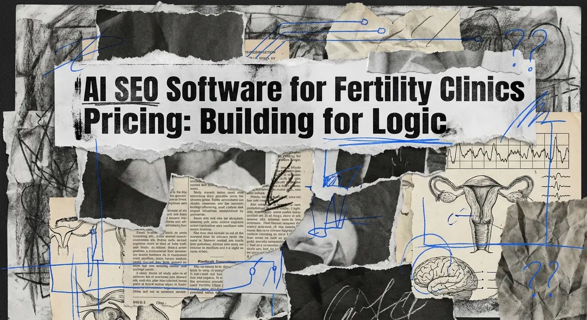 AI SEO software for fertility clinics pricing collage with electric blue accents