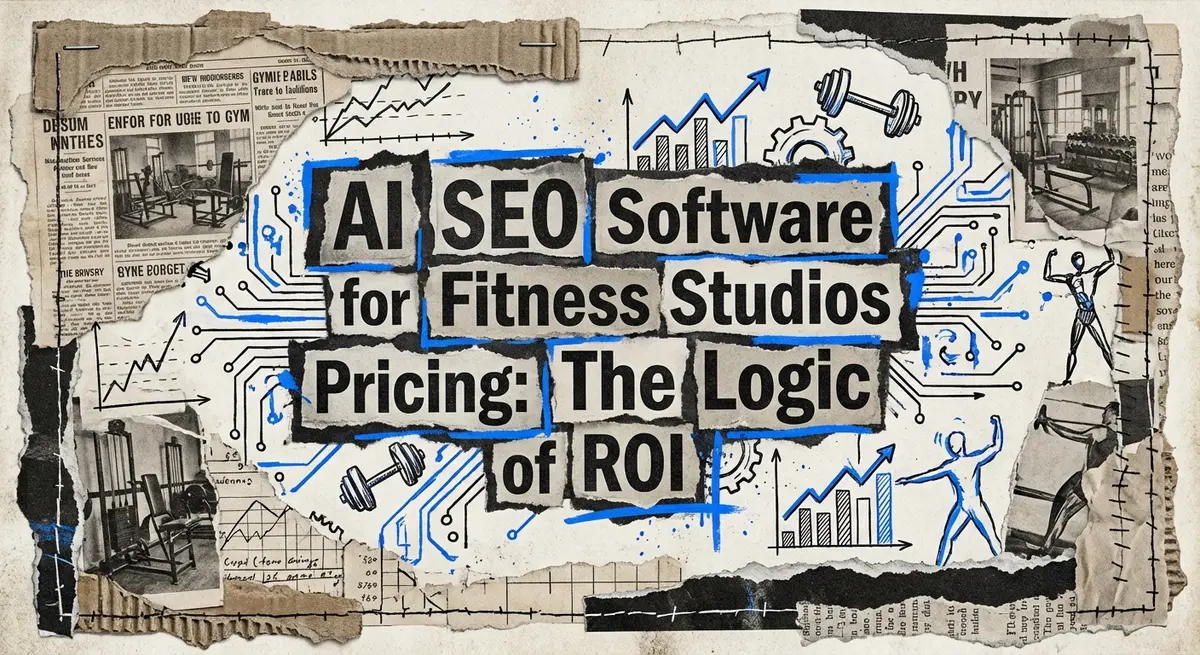 AI SEO Software for Fitness Studios Pricing collage with torn paper and electric blue accents