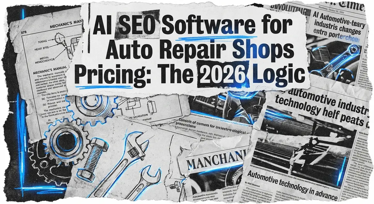 AI SEO software for auto repair shops pricing collage with torn paper and blue accents