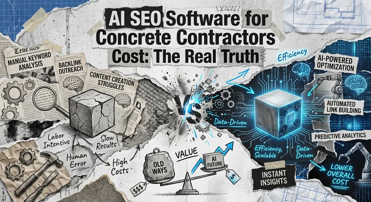 AI SEO software for concrete contractors cost visualization with torn paper style