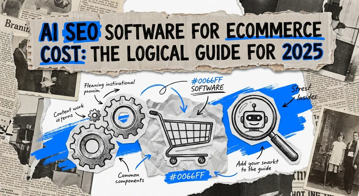 AI SEO Software for Ecommerce Cost featured image with torn paper aesthetic and electric blue accents