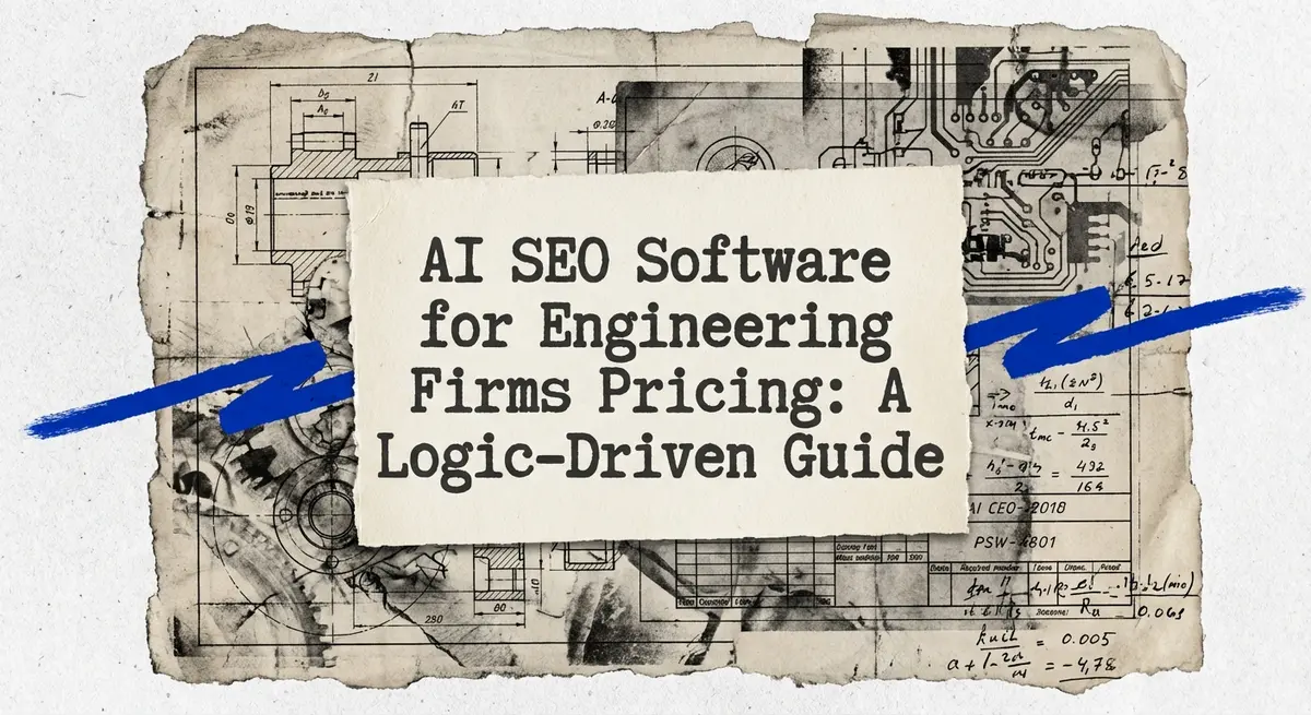 AI SEO software for engineering firms pricing featured image with torn paper collage style