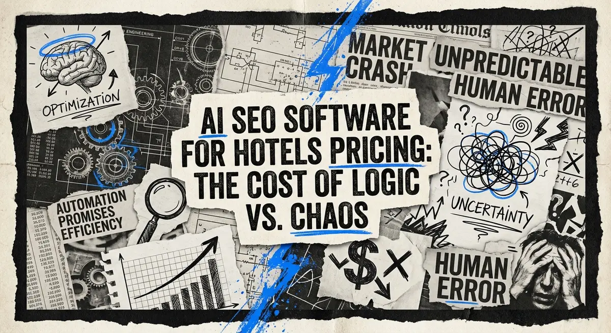 AI SEO software for hotels pricing torn paper collage concept