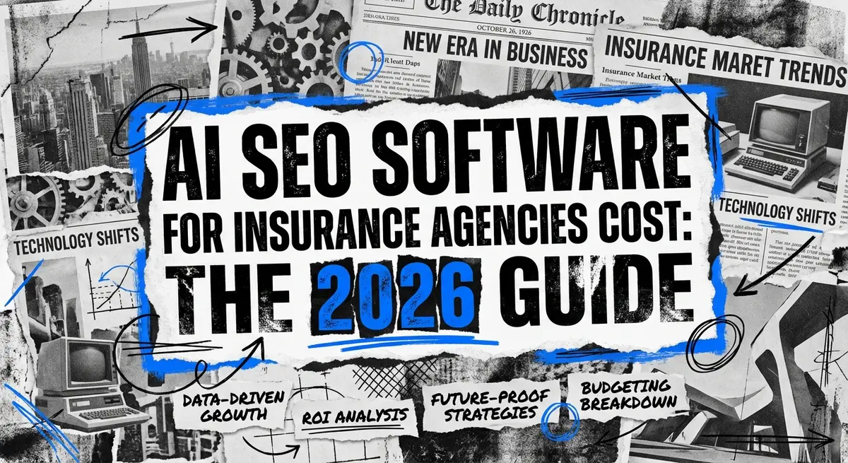 AI SEO software for insurance agencies cost collage with torn paper and blue accents