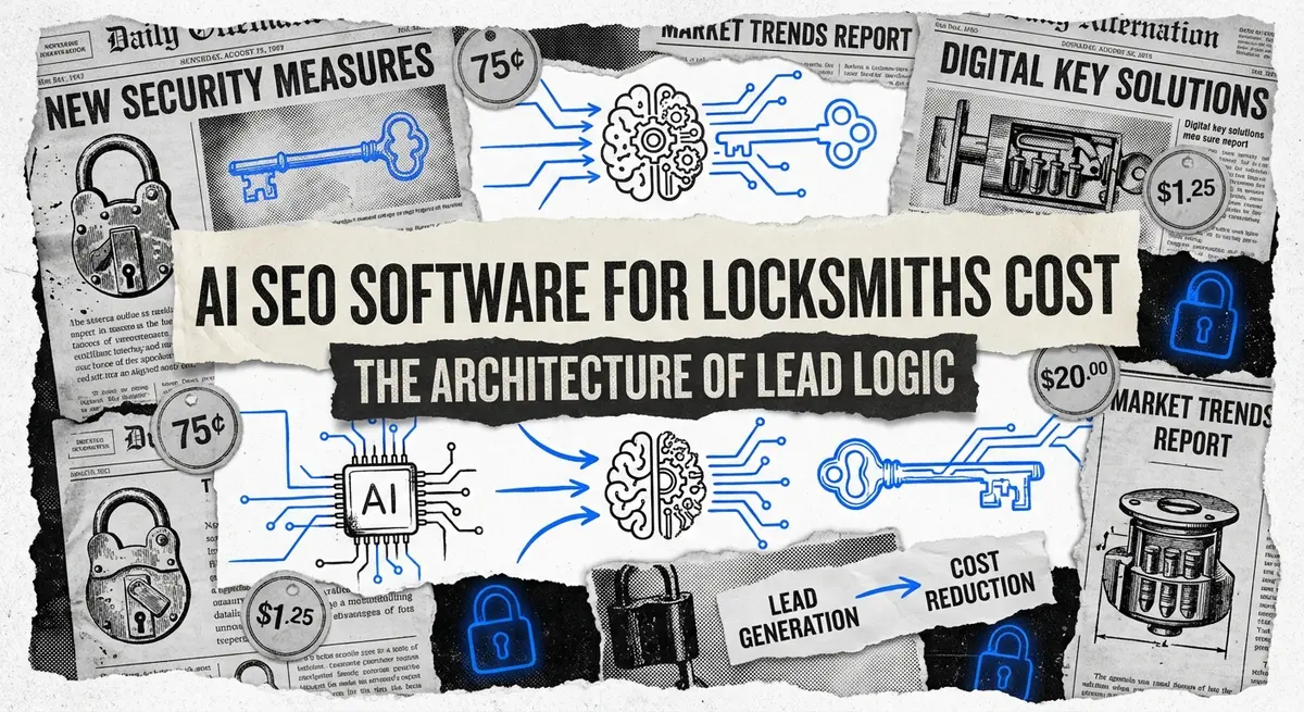 AI SEO Software for Locksmiths Cost breakdown collage with blue accents